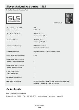 Slovenska Ljudska Stranka | SLS
In English: Slovenian People‘s Party
· Date of Entry in the EPP: 			 2001
· Membership status: 			 Full Member
· President of the Party: 			 ŽERJAV, Radovan
					 radovan.zerjav@sls.si
					
· Executive Officer: 			 JAGODIČ, Mateja
					 mateja.jagodic@sls.si
· International Secretary:			 KLASINC, Peter Pavel
					 international.office@sls.si
· Government status: 			 In government as a junior coalition partner
· Seats in national Parliament: 		 6 / 90
· Members in the EPP Group
in the European Parliament: 		 0
· Members in the EPP Group
in the Council of Europe: 		 1
· Delegates in the EPP
Political Assembly:			 2
· International Affiliation: 			 –
· Additional Information:			 Radovan Žerjav is a Deputy Prime Minister and Minister of
					 Economic Development and Technology.
Contact Details:
Beethovnova 4, 1000 Ljubljana
Phone: +386.1.241.8820 | Fax: +386.1.251.1741 | tajnistvo@sls.si | www.sls.si | epp.eu/sls
– EU-COUNTRIES –
138
ŽERJAV, Radovan
 