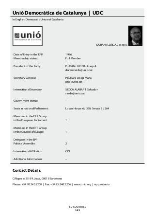 Unió Democràtica de Catalunya | UDC
In English: Democratic Union of Catalonia
· Date of Entry in the EPP: 			 1986
· Membership status: 			 Full Member
· President of the Party: 			 DURAN i LLEIDA, Josep A.
					 duran-lleida@unio.cat
· Secretary General: 			 PELEGRI, Josep Maria
					 jmp@unio.cat
· International Secretary: 			 SEDO i ALABART, Salvador
					 ssedo@unio.cat
· Government status: 			 –
· Seats in national Parliament: 		 Lower House 6 / 350; Senate 3 / 264
· Members in the EPP Group
in the European Parliament: 		 1
· Members in the EPP Group
in the Council of Europe: 		 1
· Delegates in the EPP
Political Assembly: 			 2
· International Affiliation: 			 CDI
· Additional Information:			 –
Contact Details:
C/Napoles 35-39, Local, 08018 Barcelona
Phone: +34.93.240.2200 | Fax: +34.93.240.2206 | www.unio.org | epp.eu/unio
– EU-COUNTRIES –
142
DURAN i LLEIDA, Josep A.
 
