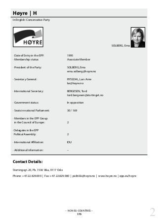 – NON EU-COUNTRIES –
175
Høyre | H
In English: Conservative Party
· Date of Entry in the EPP: 			 1995
· Membership status: 			 Associate Member
· President of the Party: 			 SOLBERG, Erna
					 erna.solberg@hoyre.no
· Secretary General: 			 RYSSDAL, Lars Arne
					 lar@hoyre.no	
· International Secretary: 			 BERGESEN, Tord
					 tord.bergesen@stortinget.no	
· Government status: 			 In opposition
· Seats in national Parliament: 		 30 / 169
· Members in the EPP Group
in the Council of Europe: 		 2
· Delegates in the EPP
Political Assembly:			 2
· International Affiliation: 			 IDU
· Additional Information:			 –
Contact Details:
Stortingsgt. 20, Pb. 1536 Vika, 0117 Oslo
Phone: +47.22.829.000 | Fax: +47.22.829.080 | politikk@hoyre.no | www.hoyre.no | epp.eu/hoyre
2
SOLBERG, Erna
 
