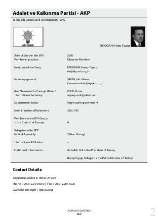 Adalet ve Kalkınma Partisi - AKP
In English: Justice and Development Party
· Date of Entry in the EPP: 			 2005
· Membership status: 			 Observer Member
· President of the Party: 			 ERDOĞAN, Recep Tayyip
					 rte@akparti.org.tr
· Secretary general: 			 ŞAHİN, İdris Naim
					 idrisnaimsahin@akparti.org.tr
· Vice Chairman for Foreign Affairs/ 	 CELIK, Ömer
International Secretary:			 zeynep.erul@yahoo.com
· Government status: 			 Single party government
· Seats in national Parliament: 		 326 / 542
· Members in the EPP Group
in the Council of Europe: 		 4
· Delegates in the EPP
Political Assembly: 			 2 (Non Voting)
· International Affiliation: 			 –
· Additional Information: 			 Abdullah Gül is the President of Turkey.
					 Recep Tayyip Erdoğan is the Prime Minister of Turkey.
Contact Details:
Sogutozu Caddesi 6, 06520 Ankara
Phone: +90.312.204.5000 | Fax: +90.312.204.5020
www.akparti.org.tr | epp.eu/akp
– NON EU-COUNTRIES –
187 2
ERDOĞAN, Recep Tayyip
 