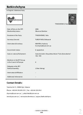 Batkivshchyna
In English: Fatherland Party
· Date of Entry in the EPP: 			 2008
· Membership status: 			 Observer Member
· President of the Party: 			 TYMOSHENKO, Yulia
· Secretary General: 			 TURCHYNOV, Oleksandr
· International Secretary: 			 NEMYRIA, Hryhoriy
	 				 h.nemyria@byut.com.ua
· Government status: 			 In opposition
· Seats in national Parliament:		 Seats elected in the political block ”Yulia Tymoshenko“ 		
					 106 / 450
· Members in the EPP Group
in the Council of Europe: 		 8
· Delegates in the EPP
Political Assembly: 			 2 (Non Voting)
· International Affiliation: 			 –
· Additional Information: 			 –		
Contact Details:
Turivska Str.15 , 04080 Kyiv, Ukraine
Phone: +380.44.393.2052/53 | Fax: +380.44.393.3561
nlysova@byut.com.ua | y.dudchak@byut.com.ua
www.byut.com.ua | www.tymoshenko.ua | epp.eu/batkivshchyna
– NON EU-COUNTRIES –
189 2
TYMOSHENKO, Yulia
 