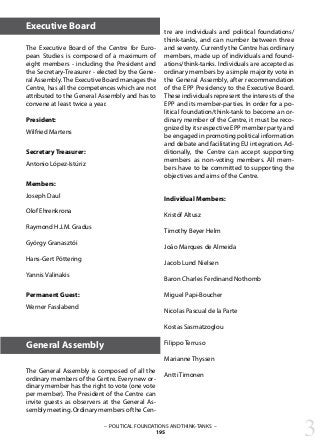 3– POLITICAL FOUNDATIONS AND THINK-TANKS –
195
The Executive Board of the Centre for Euro-
pean Studies is composed of a maximum of
eight members - including the President and
the Secretary-Treasurer - elected by the Gene-
ral Assembly.The Executive Board manages the
Centre, has all the competences which are not
attributed to the General Assembly and has to
convene at least twice a year.
President:
Wilfried Martens
Secretary Treasurer:
Antonio López-Istúriz
Members:
Joseph Daul
Olof Ehrenkrona
Raymond H.J.M. Gradus
György Granasztói
Hans-Gert Pöttering
Yannis Valinakis
Permanent Guest:
Werner Fasslabend
Executive Board
tre are individuals and political foundations/
think-tanks, and can number between three
and seventy. Currently the Centre has ordinary
members, made up of individuals and found-
ations/think-tanks. Individuals are accepted as
ordinary members by a simple majority vote in
the General Assembly, after recommendation
of the EPP Presidency to the Executive Board.
These individuals represent the interests of the
EPP and its member-parties. In order for a po-
litical foundation/think-tank to become an or-
dinary member of the Centre, it must be reco-
gnized by its respective EPP member party and
be engaged in promoting political information
and debate and facilitating EU integration. Ad-
ditionally, the Centre can accept supporting
members as non-voting members. All mem-
bers have to be committed to supporting the
objectives and aims of the Centre.
Individual Members:
Kristóf Altusz
Timothy Beyer Helm
João Marques de Almeida
Jacob Lund Nielsen
Baron Charles Ferdinand Nothomb
Miguel Papi-Boucher
Nicolas Pascual de la Parte
Kostas Sasmatzoglou
Filippo Terruso
Marianne Thyssen
Antti Timonen
General Assembly
The General Assembly is composed of all the
ordinary members of the Centre. Every new or-
dinary member has the right to vote (one vote
per member). The President of the Centre can
invite guests as observers at the General As-
semblymeeting.OrdinarymembersoftheCen-
 