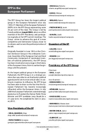– THE EUROPEAN PEOPLE’S PARTY –
20
The EPP Group has been the largest political
group in the European Parliament since July
1999. 271 Members of the European Parliament
(MEPs) sit in the EPP Group, representing some
36 per cent of the total. The Group is led by
French politician Joseph DAUL who is ex officio
member of the EPP Presidency and participa-
tes regularly at the EPP Summit meetings. The
Group strives to advance the goal of a more
competitive and democratic Europe, closer to
its citizens and to resist the political priorities of
the left.
Originally founded in June 1953 as the Chris-
tian Democrat Group in the embryonic Com-
mon Assembly of the European Coal and Steel
Community (comprised of nominated mem-
bers of national parliaments), the EPP Group
has been involved at every stage in the history
of the European Union, from its earliest begin-
nings until the present.
As the largest political group in the European
Parliament, the EPP Group is in a stronger po-
sition than any other to set that body‘s political
agenda and to win its most critical votes. In see-
king to maximise its influence, the EPP Group
has been able to draw on the fact that the Eu-
ropean Parliament has become increasingly
influential within the European Union. In July
2009 the European Parliament overwhelmingly
elected as its President the former Polish Prime
Minister and EPP candidate Jerzy Buzek for a
2½ year term. He completed his term in Janu-
ary 2012.
Vice-Presidents of the EP
· VIDAL-QUADRAS, Alejo
alejo.vidal-quadras@europarl.europa.eu
· PAPASTAMKOS, Georgios
georgios.papastamkos@europarl.europa.eu
EPP in the
European Parliament
· ANGELILLI, Roberta
roberta.angelilli@europarl.europa.eu
· KARAS, Othmar
othmar.karas@europarl.europa.eu
· WIELAND, Rainer
rainer.wieland@europarl.europa.eu
· PROTASIEWICZ, Jacek
jacek.protasiewicz@europarl.europa.eu
· SURJÁN, László
laszlo.surjan@europarl.europa.eu
Quaestors of the EP
· LULLING, Astrid
astrid.lulling@europarl.europa.eu
· HIGGINS, Jim
jim.higgins@europarl.europa.eu
Presidency of the EPP Group
Chairman:
· DAUL, Joseph
joseph.daul@europarl.europa.eu
Vice-Chairmen:
· BONSIGNORE, Vito
vito.bonsignore@europarl.europa.eu
· HÖKMARK, Gunnar
gunnar.hokmark@europarl.europa.eu
· KASOULIDES, Ioannis
ioannis.kasoulides@europarl.europa.eu
· MARINESCU, Marian-Jean
marian-jean.marinescu@europarl.europa.eu
· MAYOR OREJA, Jaime
jaime.mayororeja@europarl.europa.eu
· OLBRYCHT, Jan
jan.olbrycht@europarl.europa.eu
 