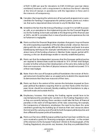 of EUR 12,000 per year for donations to EUR 25 000 per year/per donor,
combined, however, with a requirement to disclose the donor’s identity
at the time of receipt, in accordance with the legislation in force and in
the interests of transparency;
Considers that requiring the submission of‘annual work programmes’as a pre-
condition for funding is inappropriate for political parties; points out, moreo-
ver, that such a requirement does not exist in any EU Member State;
Underlines the fact that the timing of funding is crucial if it is to fulfil its purpo-
se; calls, as an exception to the implementing rules for the Financial Regulati-
on, for the funding to be made available at the beginning of the financial year
at 100 %, not 80 %; considers that in view of positive past experiences the risk
to Parliament is negligible;
Points out that the Financial Regulation stipulates that grants‘may not finance
the entire operating expenditure of the beneficiary body’; observes that com-
plying with this rule is especially difficult for foundations and leads to evasive
bookkeeping techniques (for example ‘contributions in kind’); points out that
almost none of the funding schemes in Member States require partial self-fi-
nancing, as this can disadvantage smaller or recently established parties;
Points out that the independent resources that the European political parties
are required to demonstrate could be reduced to 10 % of their total budget,
in order to further enhance their development; at the same time, believes that
their own resources in the form of physical resources should not exceed 7.5 %
of their total budget;
Notes that in the case of European political foundations the revision of the le-
gal instrument should be taken as an opportunity to abolish the requirement
to demonstrate that they have resources of their own;
Points out that in the context of this revision the limitation imposed on Euro-
pean political foundations requiring them to use their funds within the Euro-
pean Union should be removed; thereby enabling the foundations to play a
role both inside and outside the EU;
Emphasises, however, that relaxing the funding regime would have to be
counterbalanced by providing for sanctions in the Funding Regulation whe-
re they are currently lacking; these sanctions could take the form of financial
penalties in the event of infringements of the rules concerning, for example,
the transparency of donations; emphasises the need to lay down the same
conditions governing the building-up of reserves from own resources above
the limit and the carrying-over of funds for both European political parties and
their affiliated European political foundations;
Points out that since 2008 European political parties have been entitled to use
sums received as grants for ‘financing campaigns conducted ... in the context
of the elections to the European Parliament’(Article 8, third paragraph, of the
Funding Regulation); also points out, however, that they are prohibited from
– APPENDICES –
317
18.
19.
20.
21.
22.
23.
24.
25.
4
 