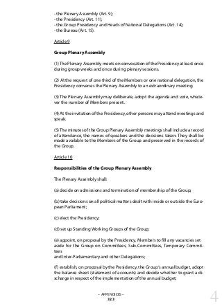 – APPENDICES –
323
- the Plenary Assembly (Art. 9);
- the Presidency (Art. 11);
- the Group Presidency and Heads of National Delegations (Art. 14);
- the Bureau (Art. 15).
Article 9
Group Plenary Assembly
(1)The Plenary Assembly meets on convocation of the Presidency at least once
during group weeks and once during plenary sessions.
(2) At the request of one third of the Members or one national delegation, the
Presidency convenes the Plenary Assembly to an extraordinary meeting.
(3) The Plenary Assembly may deliberate, adopt the agenda and vote, whate-
ver the number of Members present.
(4) At the invitation of the Presidency, other persons may attend meetings and
speak.
(5)The minutes of the Group Plenary Assembly meetings shall include a record
of attendance, the names of speakers and the decisions taken. They shall be
made available to the Members of the Group and preserved in the records of
the Group.
Article 10
Responsibilities of the Group Plenary Assembly
The Plenary Assembly shall:
(a) decide on admissions and termination of membership of the Group;
(b) take decisions on all political matters dealt with inside or outside the Euro-
pean Parliament;
(c) elect the Presidency;
(d) set up Standing Working Groups of the Group;
(e) appoint, on proposal by the Presidency, Members to fill any vacancies set
aside for the Group on Committees, Sub-Committees, Temporary Commit-
tees
and Inter-Parliamentary and other Delegations;
(f) establish, on proposal by the Presidency, the Group‘s annual budget, adopt
the balance sheet (statement of accounts) and decide whether to grant a di-
scharge in respect of the implementation of the annual budget;
4
 