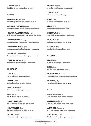 1– THE EUROPEAN PEOPLE’S PARTY –
27
· ZELLER, Joachim
joachim.zeller@europarl.europa.eu
GREECE
· GIANNAKOU, Marietta
marietta.giannakou@europarl.europa.eu
· KOUMOUTSAKOS, Georgios
georgios.koumoutsakos@europarl.europa.eu
· KRATSA-TSAGAROPOULOU, Rodi
rodi.kratsa-tsagaropoulou@europarl.europa.eu
· PAPANIKOLAOU, Georgios
georgios.papanikolaou@europarl.europa.eu
· PAPASTAMKOS, Georgios
georgios.papastamkos@europarl.europa.eu
· POUPAKIS, Konstantinos
konstantinos.poupakis@europarl.europa.eu
· TSOUKALAS, Ioannis A.
ioannis.tsoukalas@europarl.europa.eu
HUNGARY
· ÁDER, János	
janos.ader@europarl.europa.eu
· BAGÓ, Zoltán
zoltan.bago@europarl.europa.eu
· DEUTSCH, Tamás
tamas.deutsch@europarl.europa.eu
· GÁL, Kinga	
kinga.gal@europarl.europa.eu
· GÁLL-PELCZ, Ildikó	
ildiko.gall-pelcz@europarl.europa.eu
· GLATTFELDER, Béla
bela.glattfelder@europarl.europa.eu
· GYÜRK, András
andras.gyurk@europarl.europa.eu
· HANKISS, Ágnes	
agnes.hankiss@europarl.europa.eu
· JÁRÓKA, Lívia
livia.jaroka@europarl.europa.eu
· KÓSA, Ádám
adam.kosa@europarl.europa.eu
· ŐRY, Csaba
csaba.ory@europarl.europa.eu
· SCHÖPFLIN, György
gyorgy.schopflin@europarl.europa.eu
· SURJÁN, László
laszlo.surjan@europarl.europa.eu
· SZÁJER, József
jozsef.szajer@europarl.europa.eu
IRELAND
· HIGGINS, Jim
jim.higgins@europarl.europa.eu
· KELLY, Seán
sean.kelly@europarl.europa.eu
· McGUINNESS, Mairead
mairead.mcguinness@europarl.europa.eu
· MITCHELL, Gay
gay.mitchell@europarl.europa.eu
ITALY
· ALBERTINI, Gabriele
gabriele.albertini@europarl.europa.eu
· ANGELILLI, Roberta	
roberta.angelilli@europarl.europa.eu
· ANTINORO, Antonello	
antonello.antinoro@europarl.europa.eu
· ANTONIOZZI, Alfredo
alfredo.antoniozzi@europarl.europa.eu
 