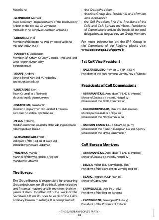 1– THE EUROPEAN PEOPLE’S PARTY –
33
Members:
· SCHNEIDER, Michael
State Secretary - Representative of the land Saxony
Anhalt to the Federal Government
michael.schneider@lv.stk.sachsen-anhalt.de
· LEBRUN, Michel
Member of the Regional Parliament of Wallonia
mlebrun@skynet.be
· HANNIFFY, Constance
Member of Offaly County Council, Midland and
West Regional Authority
connieh@iol.ie
· KNAPE, Anders
Councillor of Karlstad Municipality
anders.knape@skl.se
· LOUCAIDES, Eleni
Town Councillor of Lefkosia
eloucaidou@logosnet.cy.net
· OSTAFICIUC, Constantin
President, Department Council of Timisoara
constantin.ostaficiuc@cjtimis.ro
· PELLA, Roberto
HeadofJointGroupCouncilloroftheValdengoComune
robertopella@libero.it
· SCHAUSBERGER, Franz
Delegate of the Region of Salzburg
schausberger@salzburg.gv.at
· WOZNIAK, Marek
Marshall of the Wielkpolskie Region
marszalek@umww.pl
The Bureau
The Group Bureau is responsible for preparing
Group decisions on all political, administrative
and financial matters and it monitors their im-
plementation, together with the work of the
Secretariat. It meets prior to each of the CoR‘s
ordinary bureau meetings. It is comprised of:
· the Group President
· thenine GroupVice-Presidents,oneofwhom
acts as treasurer
· the CoR President, first Vice-President of the
CoR, and CoR Bureau members, Presidents
of Commissions and/or the heads of national
delegations, as long as they are Group Members
For more information on the EPP Group in
the Committee of the Regions, please visit:
www.cor.europa.eu/eppweb
1st CoR Vice President
· VALCÁRCEL SISO, Ramón Luis (PP-Spain)
President of the Autonomous Community of Murcia
Presidents of CoR Commissions
· ABRAMAVIČIUS, Arnoldas (TS-LKD-Lithuania)
Mayor of Zarasai district municipality
Chairman of the ECOS Commission
· KALOGEROPOULOS, Dimitros (ND-Greece)
Municipial Councillor of Egaleo
Chairman of the NAT Commission
· VAN DEN BRANDE, Luc (CD&V-Belgium)
Chairman of the Flemish-European Liaison Agency
Chairman of the CIVEX Commission
CoR Bureau Members
· ABRAMAVIČIUS, Arnoldas (TS-LKD-Lithuania)
Mayor of Zarasai district municipality
· BELICA, Milan (IND-Slovak Republic)
President of the Nitra self-governing Region
· BLANC, Jacques (UMP-France)
Mayor of Canourgue
· CAPPELLACCI, Ugo (PdL-Italy)
President of the Region Sardinia
· CASTIGLIONE, Giuseppe (PdL-Italy)
President of the Province of Catania
 