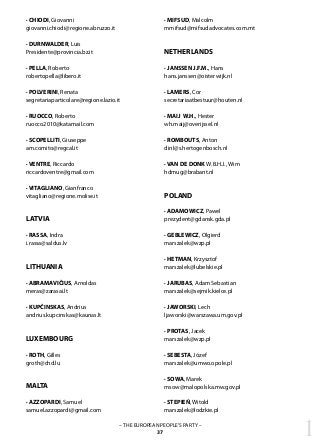 1– THE EUROPEAN PEOPLE’S PARTY –
37
· CHIODI, Giovanni
giovanni.chiodi@regione.abruzzo.it
· DURNWALDER, Luis
Presidente@provincia.bz.it
· PELLA, Roberto
robertopella@libero.it
· POLVERINI, Renata
segretariaparticolare@regione.lazio.it
· RUOCCO, Roberto
ruocco2010@katamail.com
· SCOPELLITI, Giuseppe
am.comito@regcal.it
· VENTRE, Riccardo
riccardoventre@gmail.com
· VITAGLIANO, Gianfranco
vitagliano@regione.molise.it
LATVIA
· RASSA, Indra
i.rassa@saldus.lv
LITHUANIA
· ABRAMAVIČIUS, Arnoldas
meras@zarasai.lt
· KUPČINSKAS, Andrius
andrius.kupcinskas@kaunas.lt
LUXEMBOURG
· ROTH, Gilles
groth@chd.lu
MALTA
· AZZOPARDI, Samuel
samuel.azzopardi@gmail.com
· MIFSUD, Malcolm
mmifsud@mifsudadvocates.com.mt
NETHERLANDS
· JANSSEN J.F.M., Hans
hans.janssen@oisterwijk.nl
· LAMERS, Cor
secretariaatbestuur@houten.nl
· MAIJ W.H., Hester
wh.maij@overijssel.nl
· ROMBOUTS, Anton
dinl@s.hertogenbosch.nl
· VAN DE DONK W.B.H.J., Wim
hdmug@brabant.nl
POLAND
· ADAMOWICZ, Pawel
prezydent@gdansk.gda.pl
· GEBLEWICZ, Olgierd
marszalek@wzp.pl
· HETMAN, Krzysztof
marszalek@lubelskie.pl
· JARUBAS, Adam Sebastian
marszalek@sejmik.kielce.pl
· JAWORSKI, Lech
ljaworski@warszawa.um.gov.pl
· PROTAS, Jacek
marszalek@wzp.pl
· SEBESTA, Józef
marszalek@umwo.opole.pl
· SOWA, Marek
msow@malopolska.mw.gov.pl
· STEPIEŃ, Witold
marszalek@lodzkie.pl
 