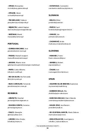 – THE EUROPEAN PEOPLE’S PARTY –
38
· STRUK, Mieczysław
m.struk@woj-pomorskie.pl
· STRUZIK, Adam
a.struzik@mazovia.pl
· TRUSKOLASKI, Tadeusz
prezydent@um.bialystok.pl
· WĘGRZYN, Ludwik Kajetan
starosta.kbc@powiatypolskie.pl
· WOŹNIAK, Marek
marszalek@umww.pl
PORTUGAL
· CORREIA MACARIO, José
presidente@cm-tavira.pt
· FREXES, Manuel Joaquim
manuelfrexes@netvisao.pt
· JARDIM, Alberto João
gabimprensa.presidencia@gov-madeira.pt
· PINTO, Carlos Alberto
info@cm-covillia.pt
· RIO DA SILVIA, Rui Fernando
dmri@cm-porto.pt
· RUAS CARVALHO, Fernando
presidencia@cm-viseu.pt
ROMANIA
· ARNĂUTU, Decebal
primar@primariatgneam.ro
· DIACONU IONITA, Veronica
primar@gorgota.ro
· FALCĂ, Gheorghe
gfalca@yahoo.com
· LOKODI, Edita Emoke
lokodi@cjmures.ro
· OSTAFICIUC, Constantin
constantin.ostaficiuc@cjtimis.ro
SLOVAKIA
· BELICA, Milan
predseda@unsk.sk
· FREŠO, Pavol
bratislavskykraj@region-bsk.sk
· ORAVEC, Ján
primator@sturovo.sk
· ZACHARIAŠ, István
Zacharias.istvan@moldava.sk
SLOVENIA
· ROKAVEC, Franci
franci.rokavec@litijo.si
· SMRDELJ, Robert
zupan@pivka.si
· ŽAGAR, Ivan
ivan.zagar@slov-bistrica.si
SPAIN
· AGUIRRE GIL DE BIEDMA, Esperanza
mj.moreno@madrid.org
· BARBERÁ NOLLA, Rita
alcaldia@ayto-valencia.es
· BARCINA ANGULO, María Yolanda
secretarias.presidenta@navarra.es
· BAUZA DÍAZ, José Ramón
president@caib.es
· DE COSPEDAL GARCÍA, María Dolores
marivi.alonso@jccm.es
· DIEGO PALACIOS, Juan Ignacio
ceballos_lo@cantabria.es
 
