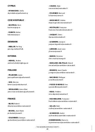 1– THE EUROPEAN PEOPLE’S PARTY –
41
CYPRUS
· KYRIAKIDOU, Stella
skyriakidou@parliament.cy
CZECH REPUBLIC
· KOSTŘICA, Rom
kostricar@psp.cz
· KUBATA, Václav
kubatav@psp.cz
DENMARK
· MØLLER, Per Stig
per.stig.moller@ft.dk
ESTONIA
· HERKEL, Andres
andres.herkel@riigikogu.ee
FINLAND
· PELKONEN, Jaana
jaana.pelkonen@parliament.fi
· SASI, Kimmo
kimmo.sasi@eduskunta.fi
· VIROLAINEN, Anne-Mari
anne-mari.virolainen@parliament.fi
FRANCE
· BLUM, Roland
rblum@assemblee-nationale.fr
· BOCKEL, Jean Marie
jm.bockel@senat.fr
· COLOMBIER, Georges
gcolombier@assemblee-nationale.fr
· COUSIN, Alain
cousin.alain@wanadoo.fr
· FOURNIER, Bernard
b.fournier@senat.fr
· GROSSKOST, Arlette
depute.grosskost@wanadoo.fr
· HOSTALIER, Françoise	
francoise.hostalier@wanadoo.fr
· JACQUAT, Denis
djacquat@wanadoo.fr
· LEGENDRE, Jacques
jacques.legendre@wanadoo.fr
· LORRAIN, Jean Louis
jl.lorrain@senat.fr
· MARIN, Christine
chris-marin@orange.fr
	
· MARLAND-MILITELLO, Muriel
mmarland@assemblee-nationale.fr
· MIGNON, Jean-Claude
jcmignon@assemblee-nationale.fr
· NACHBAR, Phillippe
p.nachbar@senat.fr
· POZZO DI BORGO, Yves
y.pozzodiborgo@senat.fr
· REISS, Frédéric
reiss.depute@wanadoo.fr
· ROCHEBLOINE, Françoise
frochebloine@assemblee-nationale.fr
· SALLES, Rudi
rsalles@assemblee-nationale.fr
· SCHNEIDER, André
aschneider@assemblee-nationale.fr
ZIMMERMANN, Marie-Jo
mjzimmermann@assemblee-nationale.fr
 