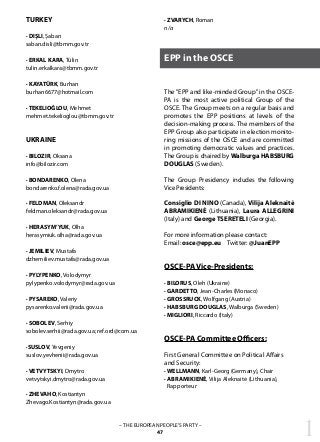 1– THE EUROPEAN PEOPLE’S PARTY –
47
EPP in the OSCE
· ZVARYCH, Roman
n/a
The "EPP and like-minded Group" in the OSCE-
PA is the most active political Group of the
OSCE. The Group meets on a regular basis and
promotes the EPP positions at levels of the
decision-making process. The members of the
EPP Group also participate in election monito-
ring missions of the OSCE and are committed
in promoting democratic values and practices.
The Group is chaired by Walburga HABSBURG
DOUGLAS (Sweden).
The Group Presidency includes the following
Vice Presidents:
Consiglio DI NINO (Canada), Vilija Aleknaitė
ABRAMIKIENĖ (Lithuania), Laura ALLEGRINI
(Italy) and George TSERETELI (Georgia).
For more information please contact:
Email: osce@epp.eu Twitter: @JuanEPP
OSCE-PA Vice-Presidents:
· BILORUS, Oleh (Ukraine)
· GARDETTO, Jean-Charles (Monaco)
· GROSSRUCK, Wolfgang (Austria)
· HABSBURG DOUGLAS, Walburga (Sweden)
· MIGLIORI, Riccardo (Italy)
OSCE-PA Committee Officers:
First General Committee on Political Affairs
and Security:
· WELLMANN, Karl-Georg (Germany), Chair
· ABRAMIKIENĖ, Vilija Aleknaitė (Lithuania),
Rapporteur
TURKEY
· DIȘLI, Șaban
saban.disli@tbmm.gov.tr
· ERKAL KARA, Tülin
tulin.erkalkara@tbmm.gov.tr
· KAYATÜRK, Burhan
burhan6677@hotmail.com
· TEKELIOĞLOU, Mehmet
mehmet.tekelioglou@tbmm.gov.tr
UKRAINE
· BILOZIR, Oksana
info@bilozir.com
· BONDARENKO, Olena
bondarenko.f.olena@rada.gov.ua
· FELDMAN, Oleksandr
feldman.oleksandr@rada.gov.ua
· HERASYM’YUK, Olha	
herasymiuk.olha@rada.gov.ua
· JEMILIEV, Mustafa
dzhemiliev.mustafa@rada.gov.ua
· PYLYPENKO, Volodymyr	
pylypenko.volodymyr@rada.gov.ua
· PYSAREKO, Valeriy
pysarenko.valerii@rada.gov.ua
· SOBOLEV, Serhiy
sobolev.serhii@rada.gov.ua; ref.ord@com.ua
·SUSLOV, Yevgeniy
suslov.yevhenii@rada.gov.ua
· VETVYTSKYI, Dmytro
vetvytskyi.dmytro@rada.gov.ua
· ZHEVAHO, Kostiantyn
Zhevago.Kostiantyn@rada.gov.ua
 