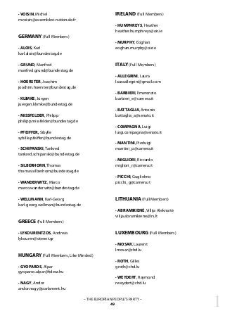 · VOISIN, Michel
mvoisin@assemblee-nationale.fr
GERMANY (Full Members)
· ALOIS, Karl
karl.alois@bundestag.de
· GRUND, Manfred
manfred.grund@bundestag.de
· HOERSTER, Joachim
joachim.hoerster@bundestag.de
· KLIMKE, Jürgen
juergen.klimke@bundestag.de
· MISSFELDER, Philipp
philipp.missfelder@bundestag.de
· PFEIFFER, Sibylle
sybille.pfeiffer@bundestag.de
· SCHIPANSKI, Tankred
tankred.schipanski@bundestag.de
· SILBERHORN, Thomas
thomas.silberhorn@bundestag.de
· WANDERWITZ, Marco
marco.wanderwitz@bundestag.de
· WELLMANN, Karl-Georg
karl-georg.wellman@bundestag.de
GREECE (Full Members)
· LYKOURENTZOS, Andreas
lykouren@otenet.gr
HUNGARY (Full Members, Like Minded)
· GYOPAROS, Alpar
gyoparos.alpar@fidesz.hu
· NAGY, Andor
andor.nagy@parlament.hu
1– THE EUROPEAN PEOPLE’S PARTY –
49
IRELAND (Full Members)
· HUMPHREYS, Heather
heather.humphreys@oir.ie
· MURPHY, Eoghan
eoghan.murphy@oir.ie
ITALY (Full Members)
· ALLEGRINI, Laura
lauraallegrini@gmail.com
· BARBIERI, Emerenzio
barbieri_e@camera.it
· BATTAGLIA, Antonio
battaglia_a@senato.it
· COMPAGNA, Luigi
luigi.compagna@senato.it
· MANTINI, Pierluigi
mantini_p@camera.it
· MIGLIORI, Riccardo
migliori_r@camera.it
· PICCHI, Guglielmo
picchi_g@camera.it
LITHUANIA (Full Members)
· ABRAMIKIENĖ, Villija Aleknaitė
vilija.abramikiene@lrs.lt
LUXEMBOURG (Full Members)
· MOSAR, Laurent
lmosar@chd.lu
· ROTH, Gilles
groth@chd.lu
· WEYDERT, Raymond
rweydert@chd.lu
 