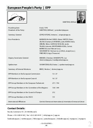 European People’s Party | EPP
· Founding date:	 			 8 July 1976
· President of the Party: 			 MARTENS, Wilfried | president@epp.eu
· Secretary General: 			 LÓPEZ-ISTÚRIZ, Antonio | alopez@epp.eu
· Vice-Presidents: 				 BARNIER, Michel; DÁVID, Mario; HINTZE, Peter;
					 JELEVA, Rumiana; KATAINEN, Jyrki; KENNY, Enda;
					 ORBÁN, Viktor; SARYUSZ-WOLSKI, Jacek; 				
					 TAJANI, Antonio; WORTMANN-KOOL, Corien;
					 BARROSO, José Manuel (e.o.);
					 VAN ROMPUY, Herman (e.o.); DAUL, Joseph (e.o.);
					 FRIEDRICH, Ingo (Treasurer)
· Deputy Secretaries General: 		 KREMER, Christian; VANDEPUTTE, Luc
					 ckremer@epp.eu; lvandeputte@epp.eu
· Spokesman:		 		 SASMATZOGLOU, Kostas | spokesman@epp.eu
· Secretary of External Relations:		 BRIEC, Nicolas | nbriec@epp.eu
· EPP Members in the European Commission:		 13 / 27
· EPP Members in the European Council:			 16 / 27
· EPP Group Members in the European Parliament: 		 271 / 754
· EPP Group Members in the Committee of the Regions:	 130 / 344
· EPP Group Members in the Council of Europe: 		 212 			
· EPP Group Members in the OSCE:				 151
· International Affiliation:			 Centrist Democrat International, Internation Democrat Union	
		 	
Contact Details:
Rue du Commerce 10 | B-1000 Brussels
Phone: +32-2-285 4140 | Fax: +32-2-285 4141 | info@epp.eu | epp.eu
facebook.epp.eu | twitter.epp.eu | flickr.epp.eu | youtube.epp.eu | linkedin.epp.eu | myepp.eu | myepp.tv
MARTENS, Wilfried
2– EU-COUNTRIES –
61
 