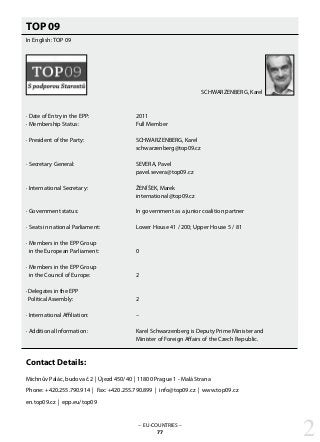 TOP 09
In English: TOP 09
· Date of Entry in the EPP: 			 2011
· Membership Status: 			 Full Member
· President of the Party:	 		 SCHWARZENBERG, Karel
					 schwarzenberg@top09.cz
· Secretary General: 			 SEVERA, Pavel
					 pavel.severa@top09.cz
· International Secretary: 			 ŽENÍŠEK, Marek
					 international@top09.cz
· Government status: 			 In government as a junior coalition partner
· Seats in national Parliament: 		 Lower House 41 / 200; Upper House 5 / 81
· Members in the EPP Group
in the European Parliament: 		 0
· Members in the EPP Group
in the Council of Europe: 		 2
· Delegates in the EPP
Political Assembly: 			 2
· International Affiliation: 			 –
· Additional Information:			 Karel Schwarzenberg is Deputy Prime Minister and
					 Minister of Foreign Affairs of the Czech Republic.
Contact Details:
Michnův Palác, budova č.2 | Újezd 450/40 | 11800 Prague 1 - Malá Strana
Phone: +420.255.790.914 | Fax: +420.255.790.899 | info@top09.cz | www.top09.cz
en.top09.cz | epp.eu/top09
– EU-COUNTRIES –
77 2
SCHWARZENBERG, Karel
 