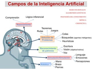 Campos de la Inteligencia Artificial
REDES NEURONALES
ALGORITMOS GENÉTICOS

Comprensión

Lógica inferencial

INGENIERÍA DEL CONOCIMIENTO
BIÓNICA
CIBERNÉTICA

Razonamiento

Teoremas
Juegos
Rutas
Colas
Solución de
Problemas

Búsquedas (agentes inteligentes)
Heurísticas

Escritura
Reconocimiento
Visión (objetos/rostros)
de patrones
Voz
Lenguaje
Simulación/Emulación
Emociones
Robótica

Mano
Brazo
Piernas

Percepciones

 