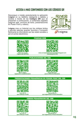 Descargue e instale gratuitamente la aplicación
I.nigma en su teléfono inteligente o tableta y
acceda a través de los Códigos QR que se
presentan a continuación, a contenidos digitales
(páginas web, archivos de texto, presentaciones
en Power Point y videos).
I.nigma crea un historial con los códigos leídos
y permite además guardar favoritos y compartir
fácilmente la información por las redes sociales o
por el correo electrónico.
ACCEDA A MAS CONTENIDOS CON LOS CÓDIGOS QRACCEDA A MAS CONTENIDOS CON LOS CÓDIGOS QR
15
www.ces.org.do
Página web del CES
www.consejoeconomicoysocialrd.blogspot.com
Videoblog del CES
PÁGINAS WEB
Ley 142-15
que instituye el CES
Decreto 84-15
que reglamenta el Pacto Educativo
PRESENTACIONES PEDAGÓGICAS EN POWER POINT DEL CES
Marco legal y
legislación complementaria
Pacto Nacional
para la Reforma Educativa
PUBLICACIONES DEL CES
Ley 142-15
que instituye el CES
Decreto 84-15
que reglamenta el Pacto Educativo
VIDEOS PEDAGÓGICOS DEL CES
 