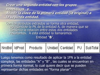 Crear una segunda entidad con los grupos repetitivos  y  Añadir la clave de la primera entidad (la original) a la segunda entidad. Con los atributos extraídos se forma otra entidad, agregándole la PK de la entidad A, de manera que se conserva la relación entre estas dos entidades resultantes.  A esta entidad la llamaremos Entidad “ B ”. Luego tenemos como resultado de aplicar la 1FN a la entidad compleja, las entidades “A” y “B” , las cuales se encuentran en primera forma normal, lo cual quiere decir que se pueden representar dichas entidades en “forma planar”. 