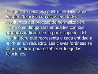 El siguiente paso es construir el Diagrama Entidad Relación con estas entidades resultantes del proceso de normalización.  Primero se dibujan las entidades con sus atributos indicado en la parte superior del cuadrilátero que representa a cada entidad a la PK en un recuadro. Las claves foráneas se deben indicar para establecer luego las relaciones.   