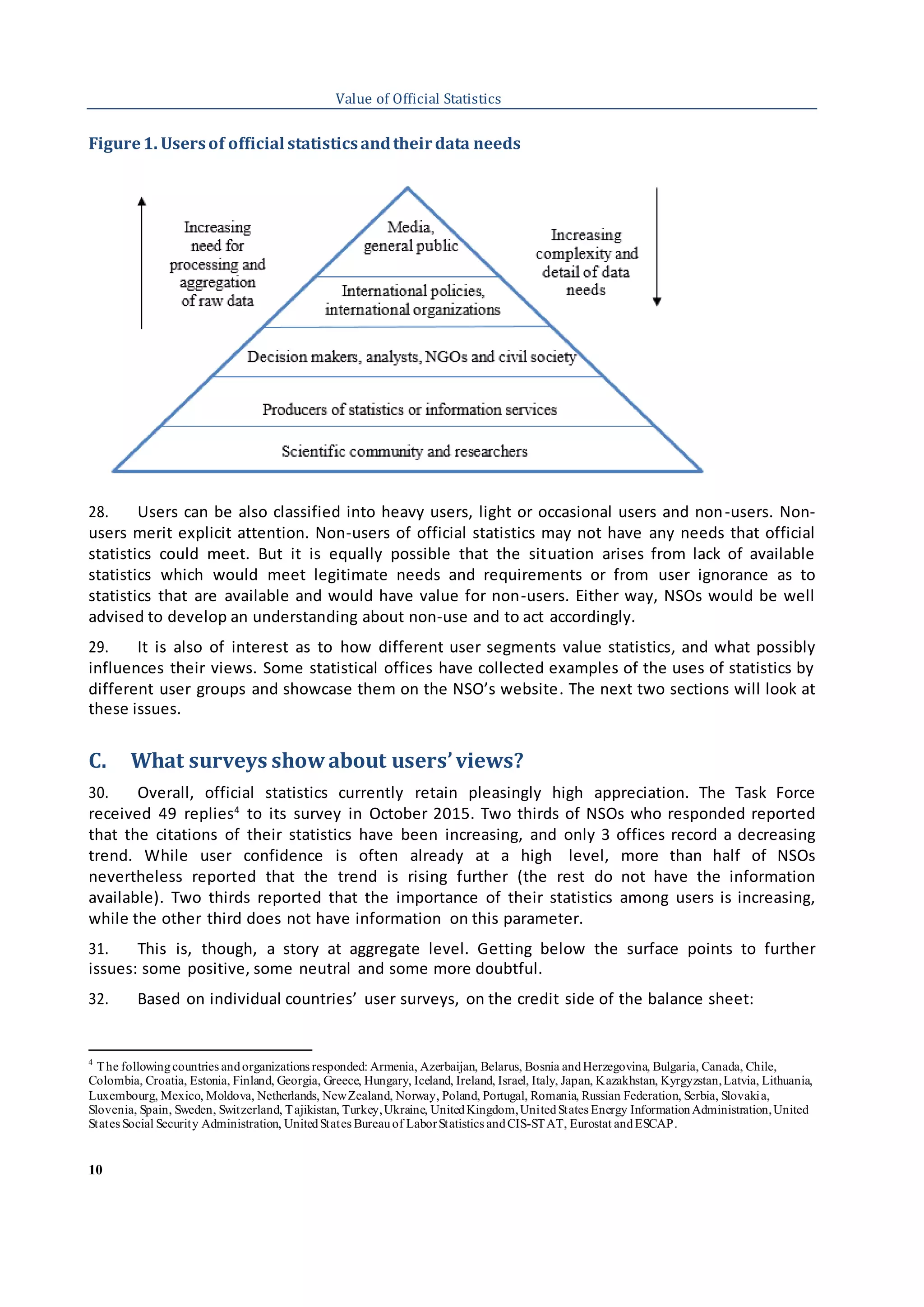10
Value of Official Statistics
Figure1. Usersof official statisticsandtheirdata needs
28. Users can be also classified into heavy users, light or occasional users and non-users. Non-
users merit explicit attention. Non-users of official statistics may not have any needs that official
statistics could meet. But it is equally possible that the situation arises from lack of available
statistics which would meet legitimate needs and requirements or from user ignorance as to
statistics that are available and would have value for non-users. Either way, NSOs would be well
advised to develop an understanding about non-use and to act accordingly.
29. It is also of interest as to how different user segments value statistics, and what possibly
influences their views. Some statistical offices have collected examples of the uses of statistics by
different user groups and showcase them on the NSO’s website. The next two sections will look at
these issues.
C. What surveys show about users’views?
30. Overall, official statistics currently retain pleasingly high appreciation. The Task Force
received 49 replies4
to its survey in October 2015. Two thirds of NSOs who responded reported
that the citations of their statistics have been increasing, and only 3 offices record a decreasing
trend. While user confidence is often already at a high level, more than half of NSOs
nevertheless reported that the trend is rising further (the rest do not have the information
available). Two thirds reported that the importance of their statistics among users is increasing,
while the other third does not have information on this parameter.
31. This is, though, a story at aggregate level. Getting below the surface points to further
issues: some positive, some neutral and some more doubtful.
32. Based on individual countries’ user surveys, on the credit side of the balance sheet:
4
The followingcountries andorganizations responded: Armenia, Azerbaijan, Belarus, Bosnia andHerzegovina, Bulgaria, Canada, Chile,
Colombia, Croatia, Estonia, Finland, Georgia, Greece, Hungary, Iceland, Ireland, Israel, Italy, Japan, Kazakhstan, Kyrgyzstan,Latvia, Lithuania,
Luxembourg, Mexico, Moldova, Netherlands, NewZealand, Norway, Poland, Portugal, Romania, Russian Federation, Serbia, Slovakia,
Slovenia, Spain, Sweden, Switzerland, Tajikistan, Turkey,Ukraine, UnitedKingdom,UnitedStates Energy InformationAdministration,United
States Social Security Administration, UnitedStates Bureauof LaborStatistics andCIS-STAT, Eurostat andESCAP.
 