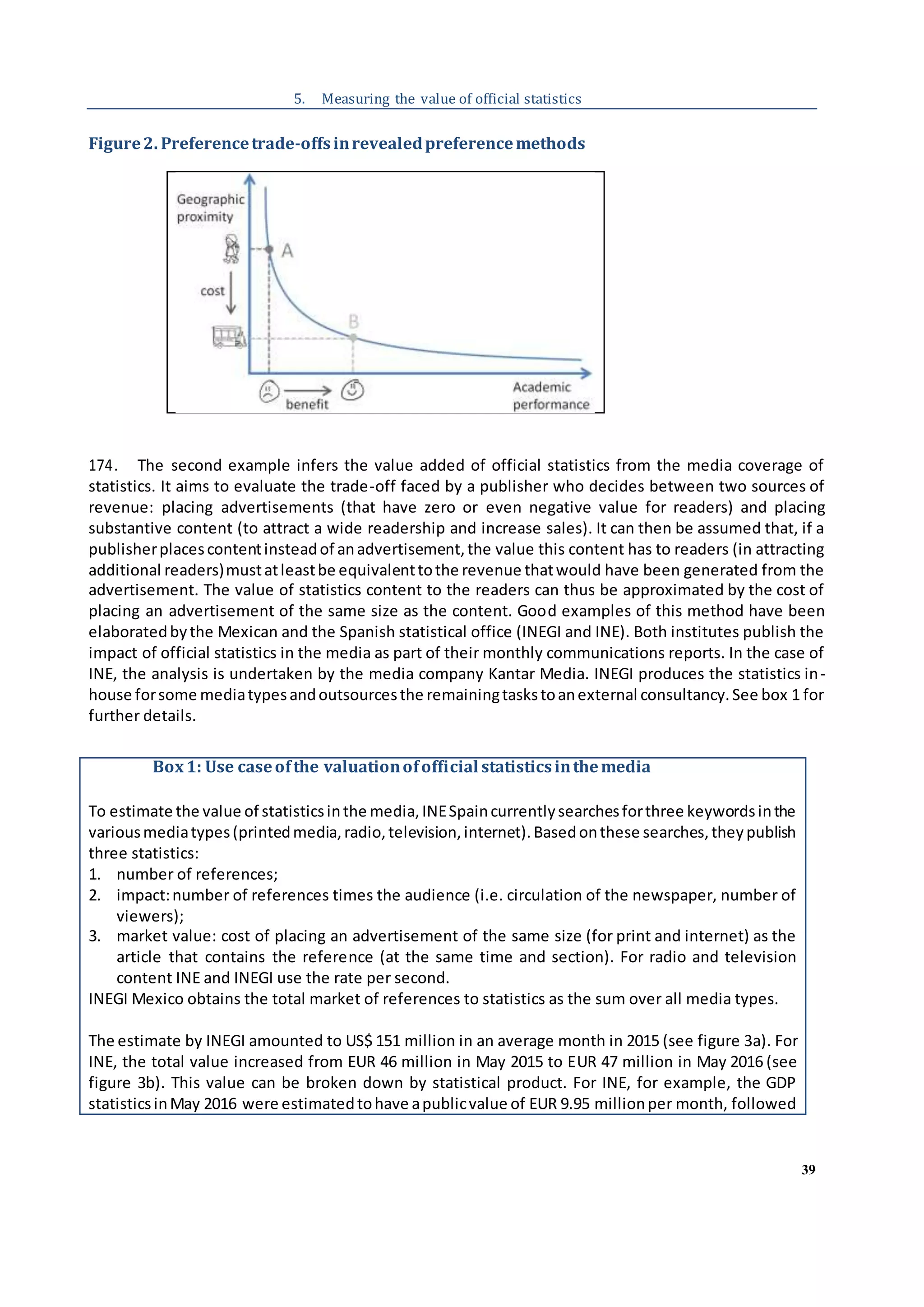 39
5. Measuring the value of official statistics
Figure2. Preferencetrade-offsinrevealedpreferencemethods
174. The second example infers the value added of official statistics from the media coverage of
statistics. It aims to evaluate the trade-off faced by a publisher who decides between two sources of
revenue: placing advertisements (that have zero or even negative value for readers) and placing
substantive content (to attract a wide readership and increase sales). It can then be assumed that, if a
publisherplacescontentinsteadof anadvertisement,the value this content has to readers (in attracting
additional readers)mustatleastbe equivalenttothe revenue thatwould have been generated from the
advertisement. The value of statistics content to the readers can thus be approximated by the cost of
placing an advertisement of the same size as the content. Good examples of this method have been
elaboratedbythe Mexican and the Spanish statistical office (INEGI and INE). Both institutes publish the
impact of official statistics in the media as part of their monthly communications reports. In the case of
INE, the analysis is undertaken by the media company Kantar Media. INEGI produces the statistics in-
house forsome mediatypesandoutsourcesthe remainingtaskstoanexternal consultancy.See box 1 for
further details.
Box1: Use caseofthe valuationofofficial statisticsinthemedia
To estimate the value of statisticsinthe media,INESpaincurrentlysearchesforthree keywordsinthe
variousmediatypes(printedmedia,radio,television,internet).Basedonthese searches,theypublish
three statistics:
1. number of references;
2. impact:number of references times the audience (i.e. circulation of the newspaper, number of
viewers);
3. market value: cost of placing an advertisement of the same size (for print and internet) as the
article that contains the reference (at the same time and section). For radio and television
content INE and INEGI use the rate per second.
INEGI Mexico obtains the total market of references to statistics as the sum over all media types.
The estimate by INEGI amounted to US$ 151 million in an average month in 2015 (see figure 3a). For
INE, the total value increased from EUR 46 million in May 2015 to EUR 47 million in May 2016 (see
figure 3b). This value can be broken down by statistical product. For INE, for example, the GDP
statisticsinMay 2016 were estimatedtohave apublicvalue of EUR 9.95 millionper month, followed
 