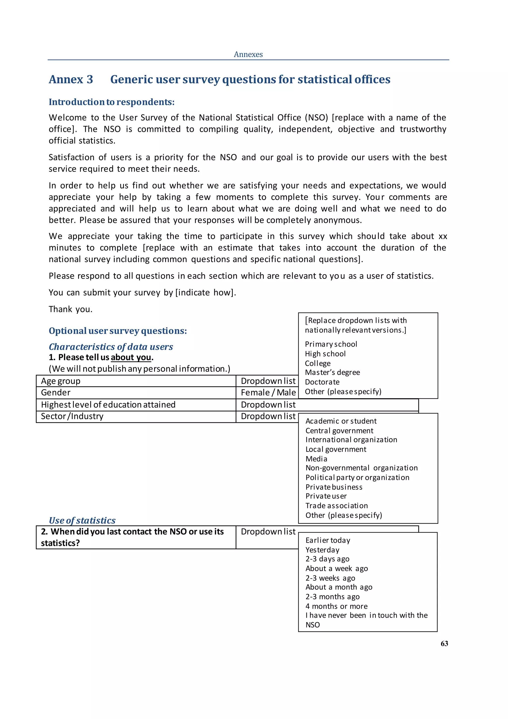 63
Annexes
Annex 3 Generic user survey questions for statistical offices
Introductionto respondents:
Welcome to the User Survey of the National Statistical Office (NSO) [replace with a name of the
office]. The NSO is committed to compiling quality, independent, objective and trustworthy
official statistics.
Satisfaction of users is a priority for the NSO and our goal is to provide our users with the best
service required to meet their needs.
In order to help us find out whether we are satisfying your needs and expectations, we would
appreciate your help by taking a few moments to complete this survey. Your comments are
appreciated and will help us to learn about what we are doing well and what we need to do
better. Please be assured that your responses will be completely anonymous.
We appreciate your taking the time to participate in this survey which should take about xx
minutes to complete [replace with an estimate that takes into account the duration of the
national survey including common questions and specific national questions].
Please respond to all questions in each section which are relevant to you as a user of statistics.
You can submit your survey by [indicate how].
Thank you.
Optional usersurvey questions:
Characteristics of data users
1. Please tell us about you.
(We will notpublishanypersonal information.)
Age group Dropdownlist
Gender Female /Male
Highestlevel of educationattained Dropdownlist
Sector/Industry Dropdownlist
Use of statistics
2. Whendidyou last contact the NSO or use its
statistics?
Dropdownlist
Academic or student
Central government
International organization
Local government
Media
Non-governmental organization
Political party or organization
Privatebusiness
Privateuser
Trade association
Other (pleasespecify)
[Replace dropdown lists with
nationally relevantversions.]
Primary school
High school
College
Master’s degree
Doctorate
Other (pleasespecify)
Earlier today
Yesterday
2-3 days ago
About a week ago
2-3 weeks ago
About a month ago
2-3 months ago
4 months or more
I have never been in touch with the
NSO
 