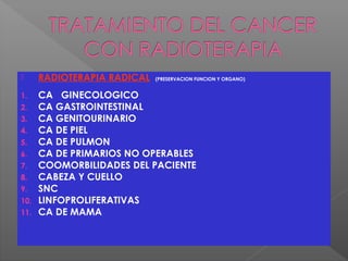  RADIOTERAPIA RADICAL (PRESERVACION FUNCION Y ORGANO)
1. CA GINECOLOGICO
2. CA GASTROINTESTINAL
3. CA GENITOURINARIO
4. CA DE PIEL
5. CA DE PULMON
6. CA DE PRIMARIOS NO OPERABLES
7. COOMORBILIDADES DEL PACIENTE
8. CABEZA Y CUELLO
9. SNC
10. LINFOPROLIFERATIVAS
11. CA DE MAMA
 