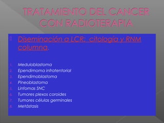  Diseminación a LCR: citología y RNM
columna.
1. Meduloblastoma
2. Ependimoma infratentorial
3. Ependimoblastoma
4. Pineoblastoma
5. Linfomas SNC
6. Tumores plexos coroides
7. Tumores células germinales
8. Metástasis
 