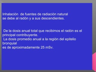Inhalación de fuentes de radiación natural
se debe al radón y a sus descendientes.
De la dosis anual total que recibimos el radón es el
principal contribuyente.
La dosis promedio anual a la región del epitelio
bronquial
es de aproximadamente 25 mSv.
 