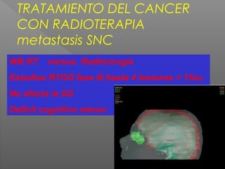 TRATAMIENTO DEL CANCER
CON RADIOTERAPIA
metastasis SNC
WB RT versus Radiocirugía
Estudios RTOG fase III hasta 4 lesiones < 15cc
No afecta la SG
Deficit cognitivo menor
 