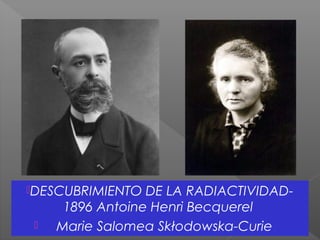 DESCUBRIMIENTO DE LA RADIACTIVIDAD-
1896 Antoine Henri Becquerel
 Marie Salomea Skłodowska-Curie
 