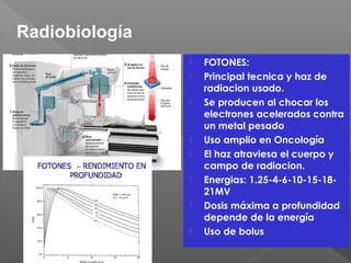  FOTONES:
 Principal tecnica y haz de
radiacion usado.
 Se producen al chocar los
electrones acelerados contra
un metal pesado
 Uso amplio en Oncología
 El haz atraviesa el cuerpo y
campo de radiacion.
 Energias: 1.25-4-6-10-15-18-
21MV
 Dosis máxima a profundidad
depende de la energía
 Uso de bolus
Radiobiología
 