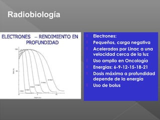  Electrones:
 Pequeños, carga negativa
 Acelerados por Linac a una
velocidad cerca de la luz
 Uso amplio en Oncología
 Energias: 6-9-12-15-18-21
 Dosis máxima a profundidad
depende de la energía
 Uso de bolus
Radiobiología
 
