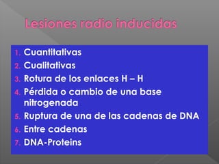 1. Cuantitativas
2. Cualitativas
3. Rotura de los enlaces H – H
4. Pérdida o cambio de una base
nitrogenada
5. Ruptura de una de las cadenas de DNA
6. Entre cadenas
7. DNA-Proteins
 