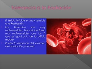  El tejido linfoide es muy sensible
a la Radiación.
 Los Linfocitos son muy
radiosensibles. Las celulas B son
más radiosensibles que las T,
que es igual a la de la célula
madre.
 El efecto depende del volúmen
de irradiación y la dosis
 
