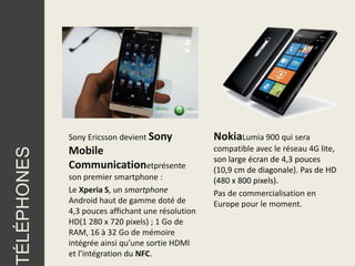 Sony Ericsson devient Sony            NokiaLumia 900 qui sera
             Mobile                                compatible avec le réseau 4G lite,
TÉLÉPHONES




                                                   son large écran de 4,3 pouces
             Communicationetprésente               (10,9 cm de diagonale). Pas de HD
             son premier smartphone :              (480 x 800 pixels).
             Le Xperia S, un smartphone            Pas de commercialisation en
             Android haut de gamme doté de         Europe pour le moment.
             4,3 pouces affichant une résolution
             HD(1 280 x 720 pixels) ; 1 Go de
             RAM, 16 à 32 Go de mémoire
             intégrée ainsi qu’une sortie HDMI
             et l’intégration du NFC.
 