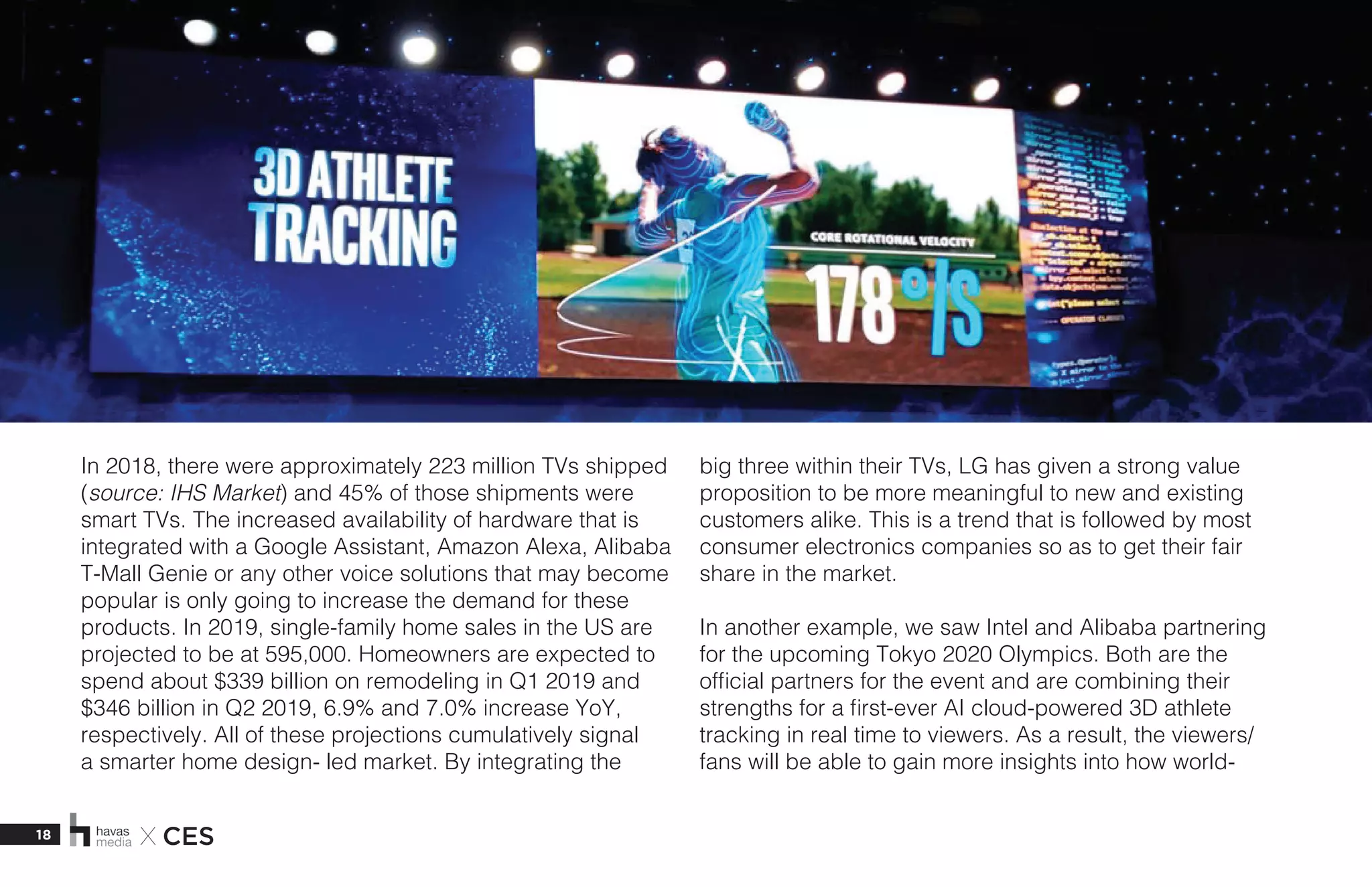 18 X CES
In 2018, there were approximately 223 million TVs shipped
(source: IHS Market) and 45% of those shipments were
smart TVs. The increased availability of hardware that is
integrated with a Google Assistant, Amazon Alexa, Alibaba
T-Mall Genie or any other voice solutions that may become
popular is only going to increase the demand for these
products. In 2019, single-family home sales in the US are
projected to be at 595,000. Homeowners are expected to
spend about $339 billion on remodeling in Q1 2019 and
$346 billion in Q2 2019, 6.9% and 7.0% increase YoY,
respectively. All of these projections cumulatively signal
a smarter home design- led market. By integrating the
big three within their TVs, LG has given a strong value
proposition to be more meaningful to new and existing
customers alike. This is a trend that is followed by most
consumer electronics companies so as to get their fair
share in the market. 
In another example, we saw Intel and Alibaba partnering
for the upcoming Tokyo 2020 Olympics. Both are the
official partners for the event and are combining their
strengths for a first-ever AI cloud-powered 3D athlete
tracking in real time to viewers. As a result, the viewers/
fans will be able to gain more insights into how world-
 