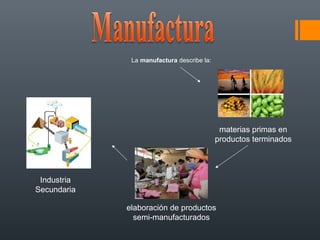 La manufactura describe la:




                                              materias primas en 
                                             productos terminados




 Industria 
Secundaria

              elaboración de productos 
                semi-manufacturados
 