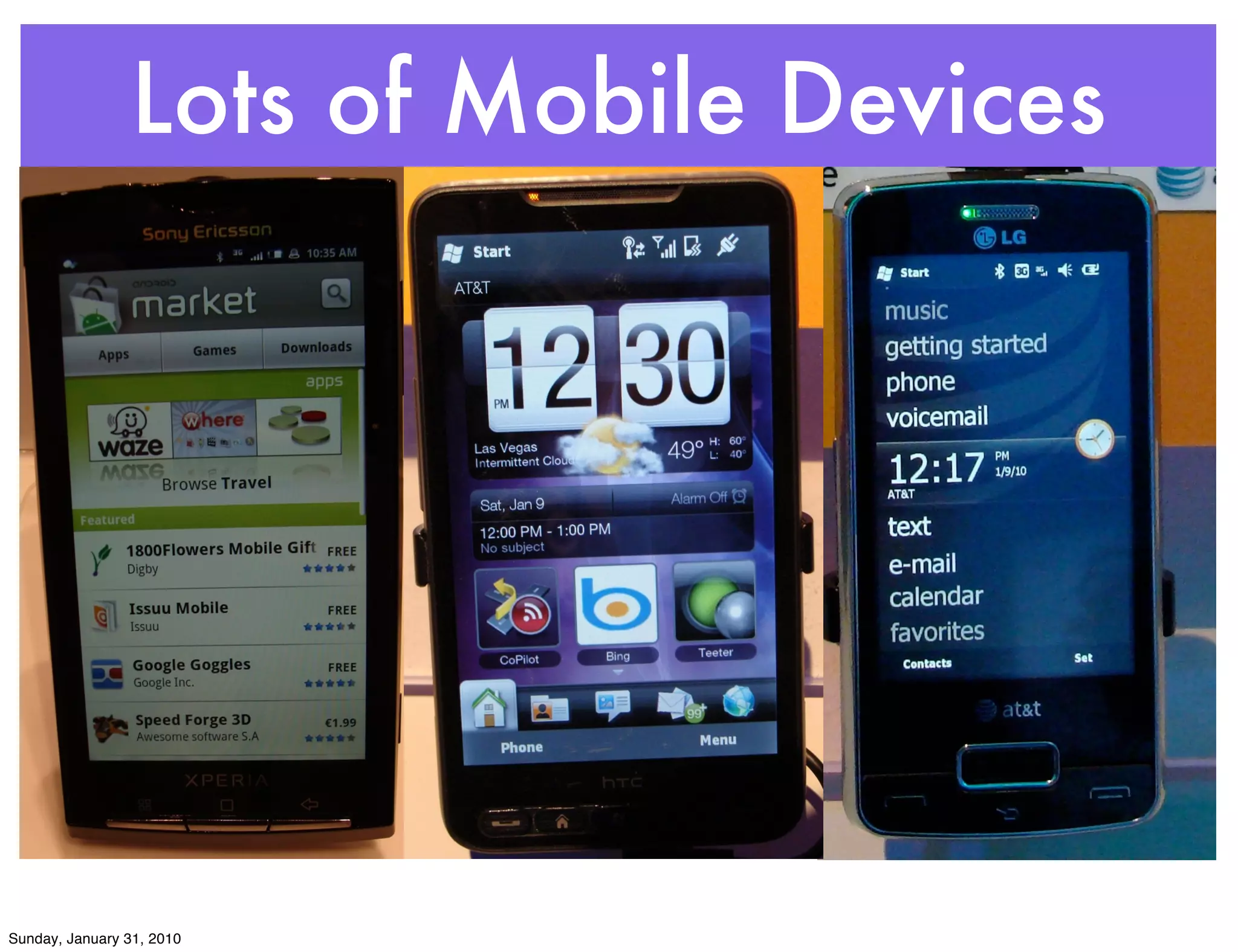 Lots of Mobile Devices




Sunday, January 31, 2010
 