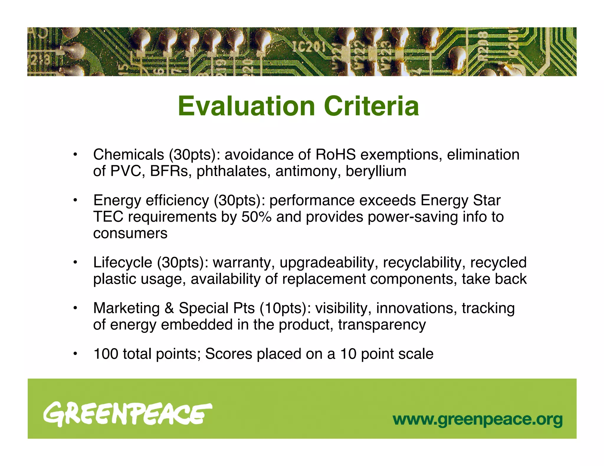 Evaluation Criteria
•   Chemicals (30pts): avoidance of RoHS exemptions, elimination
    of PVC, BFRs, phthalates, antimony, beryllium
•   Energy efﬁciency (30pts): performance exceeds Energy Star
    TEC requirements by 50% and provides power-saving info to
    consumers
•   Lifecycle (30pts): warranty, upgradeability, recyclability, recycled
    plastic usage, availability of replacement components, take back
•   Marketing & Special Pts (10pts): visibility, innovations, tracking
    of energy embedded in the product, transparency
•   100 total points; Scores placed on a 10 point scale
 