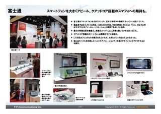 富士通                        スマートフォンを大きくアピール。クアッドコア搭載のスマフォへの期待も。

                                             富士通はスマートフォンを大きくアピール。日本で発売中の最新スマートフォンを並べていた。
                                             製品名ではなくLTE/3G対応、CDMA2000対応、WiMAX対応、Windows Phone、のように対
                                             応方式やOSをアピールし、バリエーションが豊富であることを説明。
                                             最大の特徴は防水機能で、各展示コーナーごとに水槽を置いてデモも行っていた。
                                             クアッドコア搭載のスマートフォンは開発中モデルを展示。
                                             LTE対応のフェムトセルも展示されていたが、大きなアピールはされていなかった。
                                             他にはモバイルを利用したヘルスケアソリューションや、将来のデザインコンセプトモデルなど
                                             を展示。


富士通ブース




                       コーナーごとに
                       同じ機種を横に                                                                  クアッドコアCPU試作モデル
                       複数並べての
                       展示
                                                         ヘルスケアソリューションの展示



                                  最大の特長は防水




                       端末の特徴を
                       簡潔にアピール。
                       製品名は表示                 各コーナーには
                       されていない                 水槽が設置      LTE対応フェムトセル                            将来のデザインコンセプト



 P.P.Communications Inc.                        - 14 -                 Copyright © 2012 All Rights Reserved. CONFIDENTIAL
 