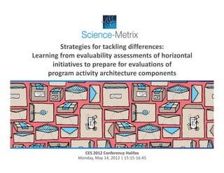 Strategies for tackling differences: 
Learning from evaluability assessments of horizontal 
      initiatives to prepare for evaluations of 
     program activity architecture components




                 CES 2012 Conference Halifax
               Monday, May 14, 2012 | 15:15‐16:45
 