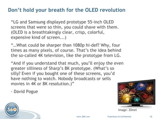 Don’t hold your breath for the OLED revolution “ LG and Samsung displayed prototype 55-inch OLED screens that were so thin, you could shave with them. (OLED is a breathtakingly clear, crisp, colorful, expensive kind of screen...)  “… What could be sharper than 1080p hi-def? Why, four times as many pixels, of course. That’s the idea behind the so-called 4K television, like the prototype from LG.  “ And if you understand that much, you’ll enjoy the even greater silliness of Sharp’s 8K prototype. (What’s so silly? Even if you bought one of these screens, you’d have nothing to watch. Nobody broadcasts or sells movies in 4K or 8K resolution.)” -  David Pogue   Image:  ZDnet 