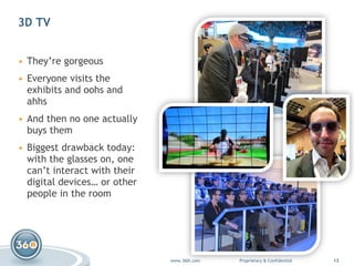 3D TV They’re gorgeous Everyone visits the exhibits and oohs and ahhs  And then no one actually buys them Biggest drawback today: with the glasses on, one can’t interact with their digital devices… or other people in the room 