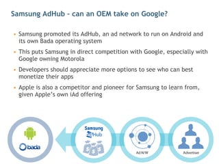 Samsung AdHub – can an OEM take on Google?  Samsung promoted its  AdHub , an ad network to run on Android and its own Bada operating system This puts Samsung in direct competition with Google, especially with Google owning Motorola Developers should appreciate more options to see who can best monetize their apps Apple is also a competitor and pioneer for Samsung to learn from, given Apple’s own iAd offering 