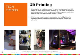 TECH
TRENDS

3D Printing
• 3D printing has not only become one of the fastest growing categories at CES
but also the faste...