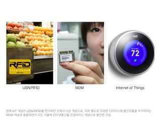 원래 IoT 개념은 USN/RFID를 연구하던 곳에서 나온 개념으로, 이와 별도로 다양한 디바이스에 통신모듈을 추가하자는
M2M 개념과 융합되면서 모든 사물에 인터넷통신을 연결하자는 개념으로 발전한 것임
USN/RFID M2M Internet of Things
 