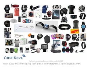 Credit Suisse 예측으로 웨어러블 기술 시장이 현재 5조 규모에서 5년안에 50조 시장으로 성장할 것으로 예측
http://www.swirl.com/instore.html
http://www.phonearena.com/news/Credit-Suisse-is-bullish-on-wearable-tech_id43206
 