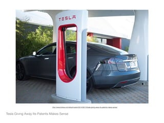 Tesla Giving Away Its Patents Makes Sense
http://www.forbes.com/sites/investor/2014/06/13/tesla-giving-away-its-patents-makes-sense/
 