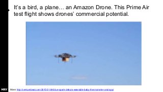 It’s a bird, a plane… an Amazon Drone. This Prime Air
test flight shows drones’ commercial potential.
More: http://venturebeat.com/2015/01/04/blue-spark-debuts-wearable-baby-thermometer-and-app/
 