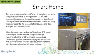 Smart Home
This year saw an abundance of Smart Home platforms from
companies as diverse as Whirlpool and D-Link.The
common threads were devices (from dryers to door locks)
sensing information from the environment, communicating
this information to the user and other devices, and then
acting on information received.
What does this mean for brands? Imagine a CPG brand
launching an app for a smart-fridge with recipe
recommendations, or a travel brand sponsoring a
thermostat app. Marketers can engage with consumers
with utility attached to these devices, and in exchange
provide cross-sell and up-sell opportunities.
10
Touched By A Sensor
 